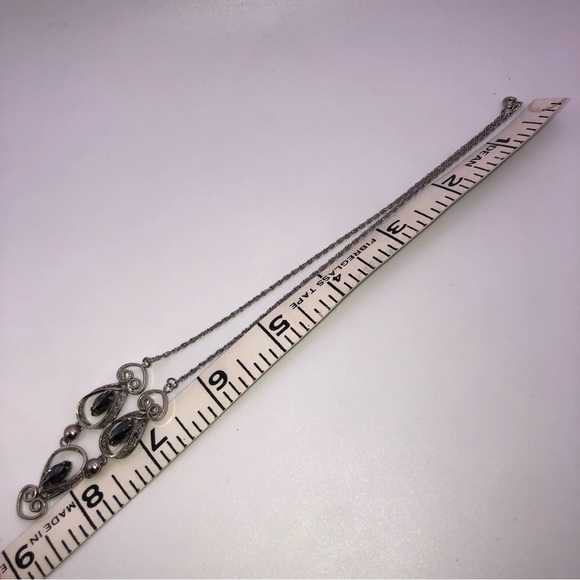 vtg Titan Sterling & Alaskan Black Diamond Marquis Stone Filigree Necklace 17” - Picture 8 of 8